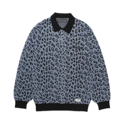 WACKO MARIA Leopard Jacquard Knit Polo Shirt "Blue"