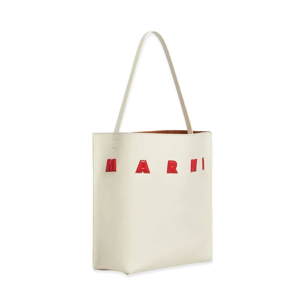 MARNI Museo Medium Hobo Bag in Leather with Patch "Ivory/Lacquer"