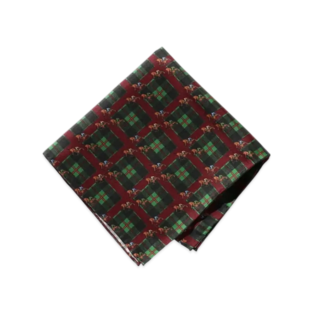 BEAMS Pocket Chief Check Horses Print "Burgundy"