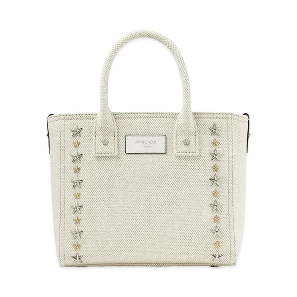 Jimmy Choo Pegasi/S Tote Canvas Tote Bag With Star Studs "Silver/Gold/Natural"
