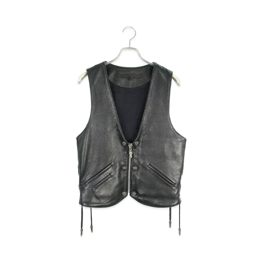 Chrome Hearts 6 Button Zip Front Crossball Leather Vest with Large Cross "Black"