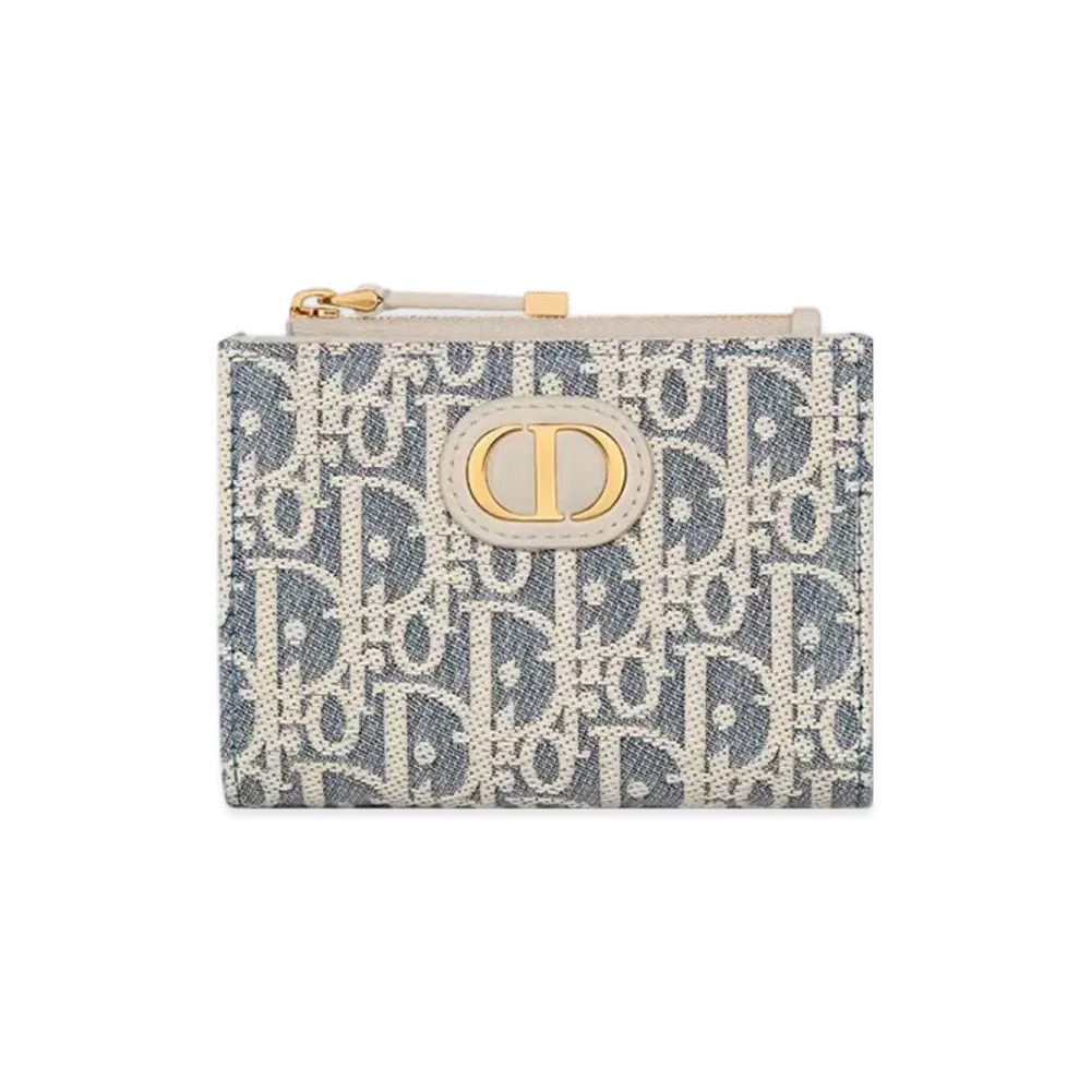 Dior 30 Montaigne Dahlia Wallet Dior Oblique Chambray with Raffia Effect and Smooth Calfskin "Blue/Light Biscuit"
