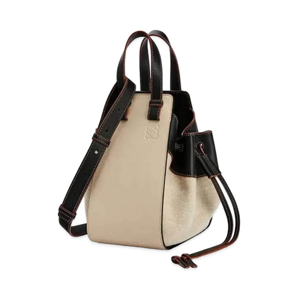 LOEWE Small Drawstring Hammock Bag In Calfskin And Linen "Light Oat/Black"