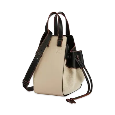 LOEWE Small Drawstring Hammock Bag In Calfskin And Linen "Light Oat/Black"