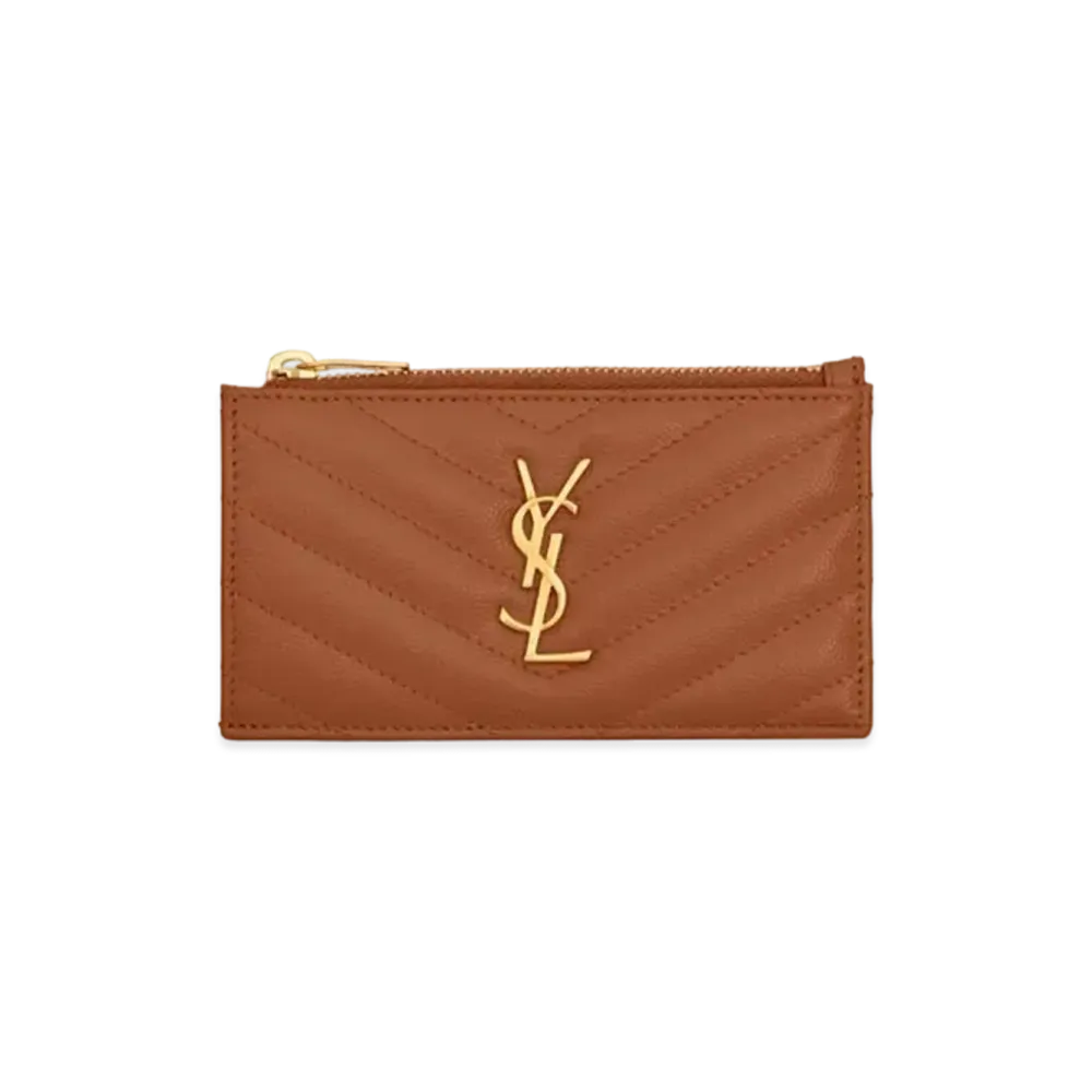Saint Laurent Cassandre Saint Laurent Matelasse Zipped Fragments Card Case In Grain De Poudre Embossed Leather "Dark Natural"