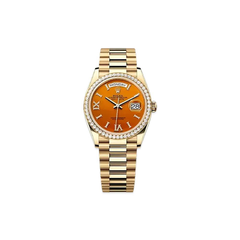 ROLEX Day-Date 36mm Yellow Gold Diamond 128348RBR "Carnelian"
