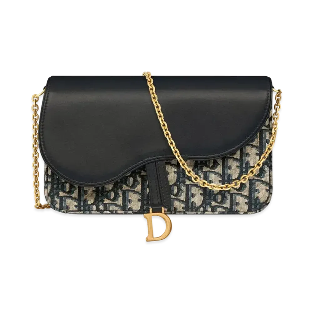 Dior Saddle Pouch with Chain Dior Oblique Jacquard and Smooth Calfskin "Blue"