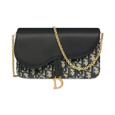 Dior Saddle Pouch with Chain Dior Oblique Jacquard and Smooth Calfskin "Blue"