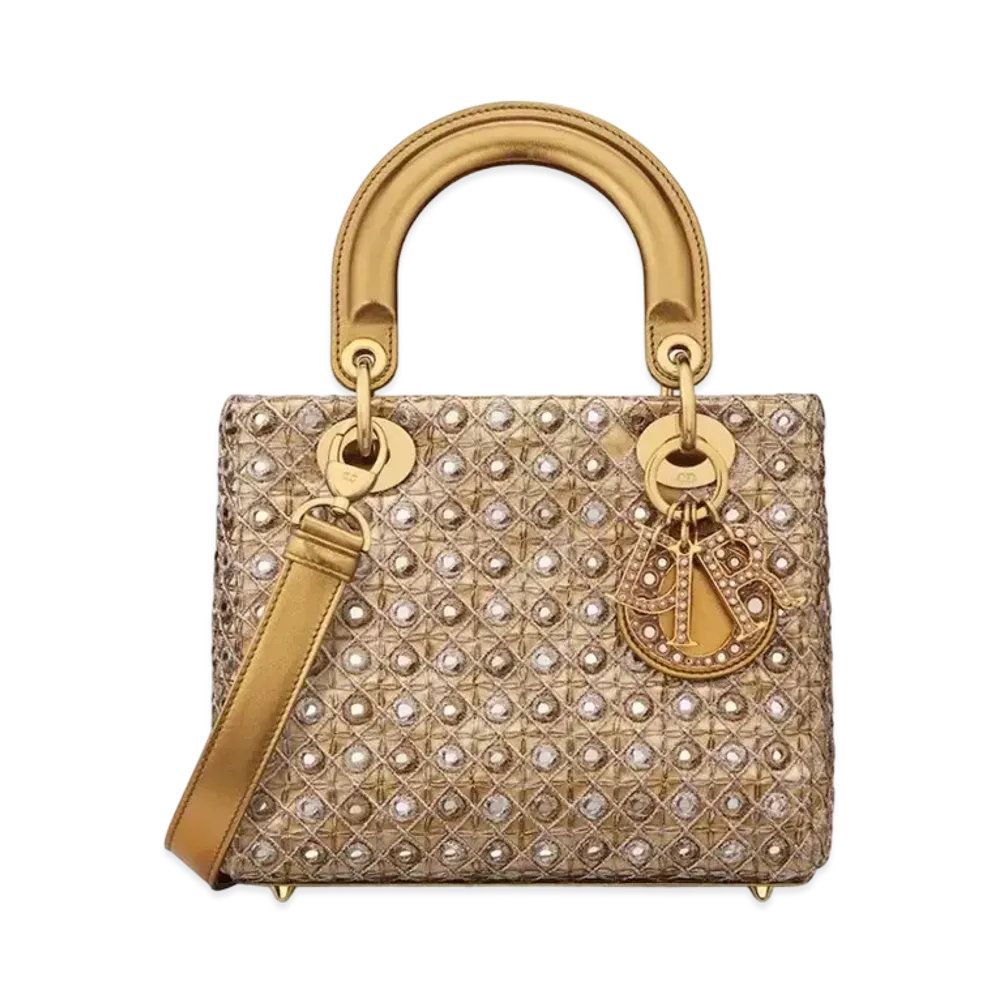 Dior Small Lady Bag Satin Mirrors Tone Thread Flowers "Metallic Gold"