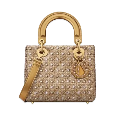 Dior Small Lady Bag Satin Mirrors Tone Thread Flowers "Metallic Gold"