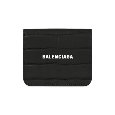 BALENCIAGA Cash Flap Coin and Card Holder Shiny Embossed Crocodile Calfskin "Black/White"