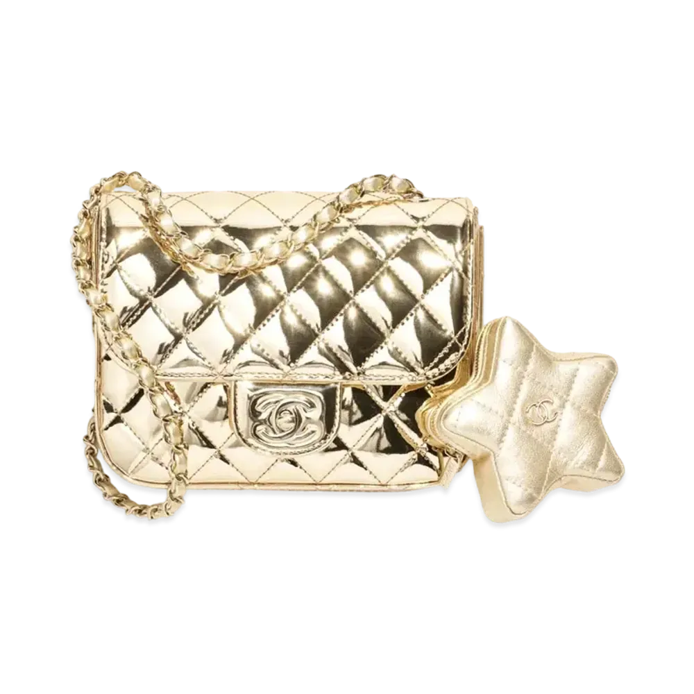 CHANEL Mini Flap Bag Star Coin Purse Mirror Calfskin Metallic Calfskin "Gold"