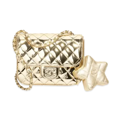CHANEL Mini Flap Bag Star Coin Purse Mirror Calfskin Metallic Calfskin "Gold"