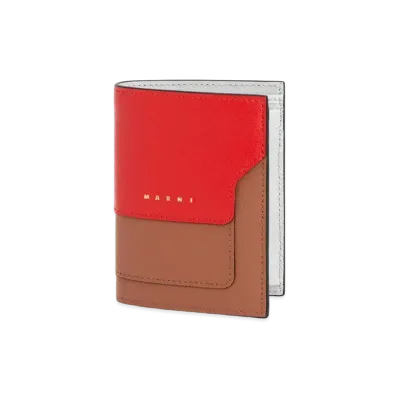 Marni Saffiano Leather Bi-Fold Tri-Coloured Wallet White Brown And Red "Tulip/Tobacco/Pelican"