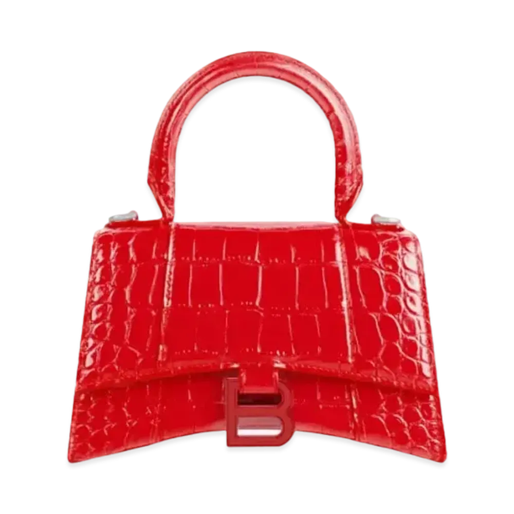BALENCIAGA Hourglass XS Top Handle Bag Crocodile Embossed "Red"