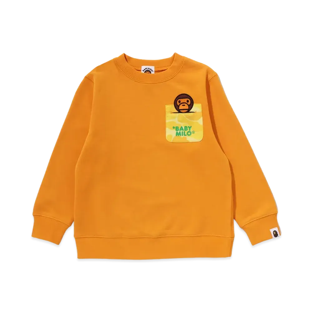 A BATHING APE Kids ABC Camo Pocket Milo Patch Crewneck Sweatshirt "Orange"