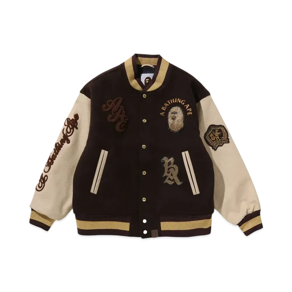 A BATHING APE Line Camo Multi Logo Wool Varsity Jacket "Brown"