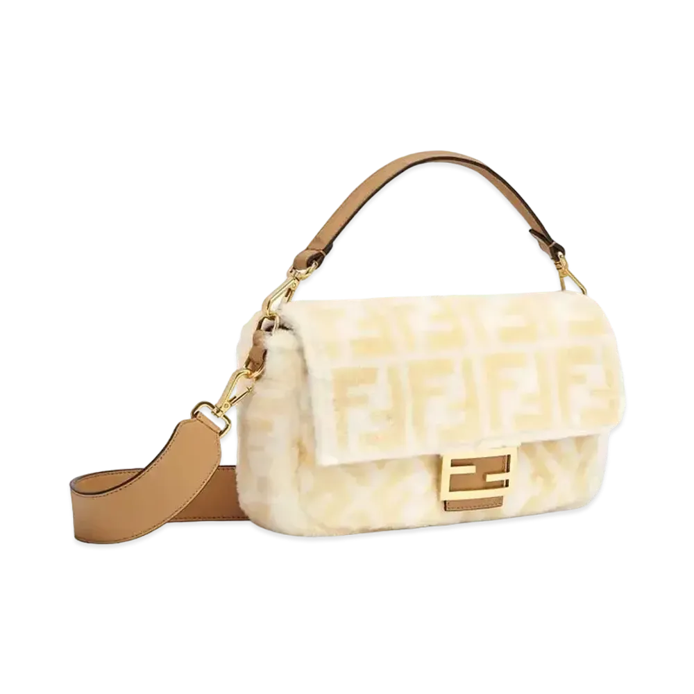 FENDI Baguette Shearling Macro FF Bag "White"