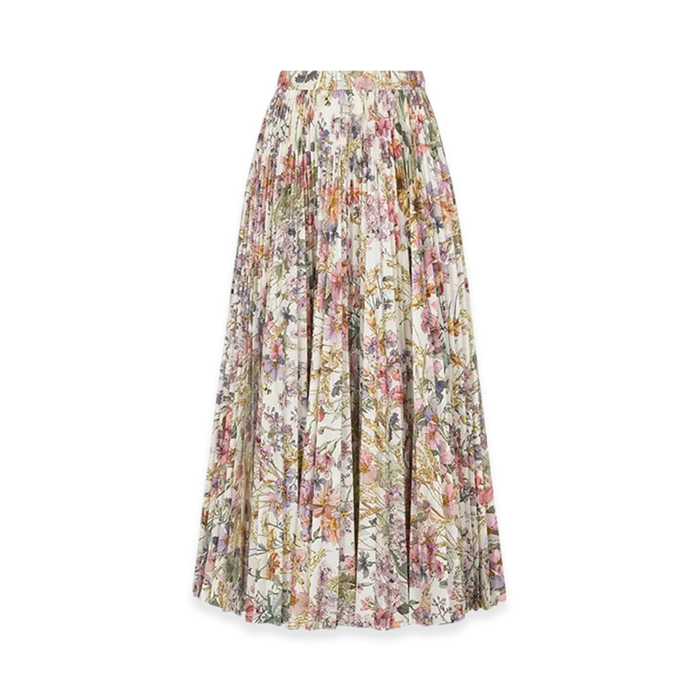Dior Women's Mid-Length Pleated Skirt Silk Poplin 4 Saisons Ete Motif "White/Multicolor"