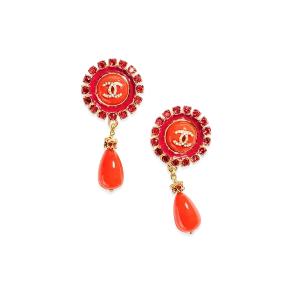 CHANEL Pendant Earrings Metal, Resin, Glass Pearls & Diamantes "Gold/Red/Crystal"
