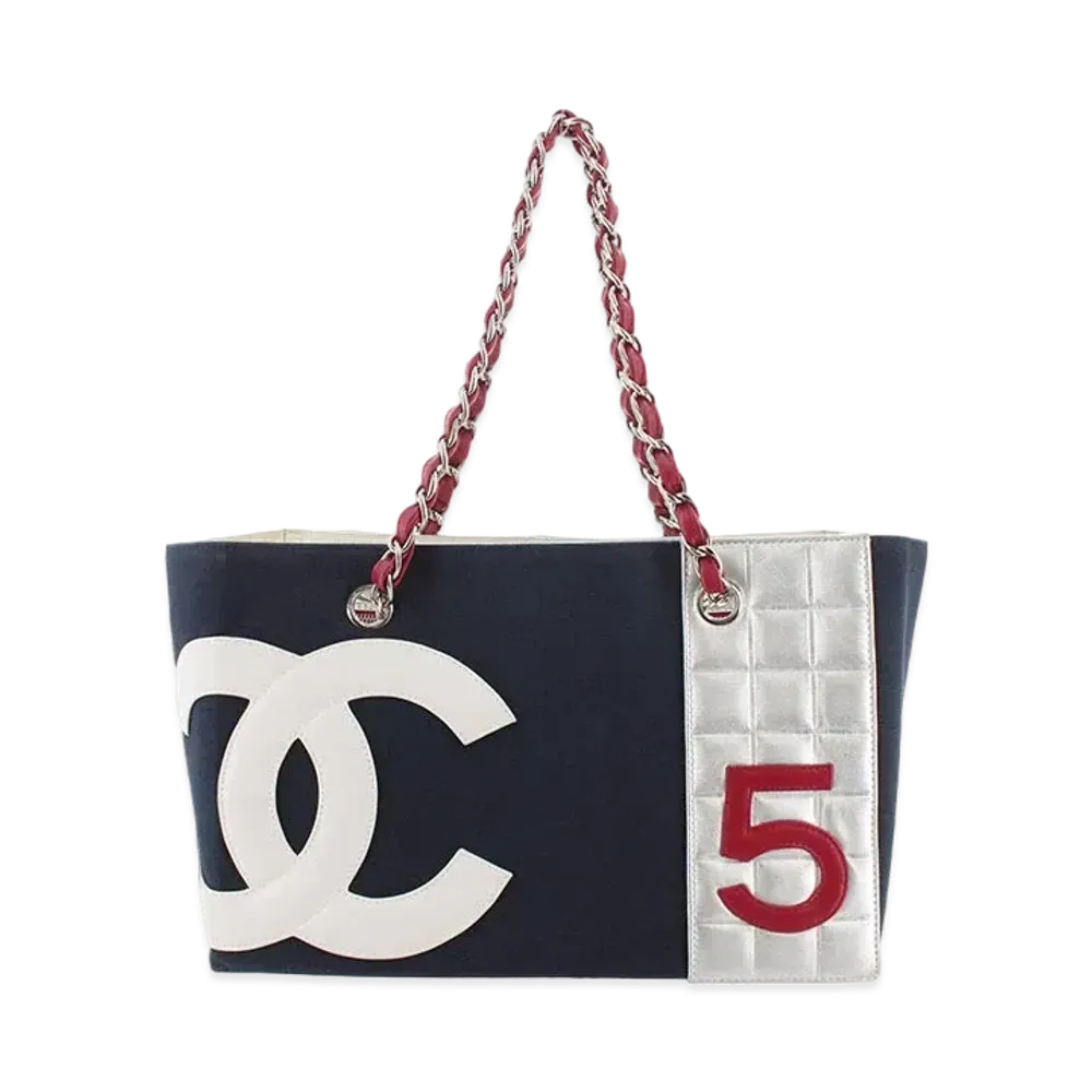 CHANEL Coco Mark Chain Canvas Tote "Navy"