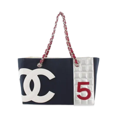 CHANEL Coco Mark Chain Canvas Tote "Navy"