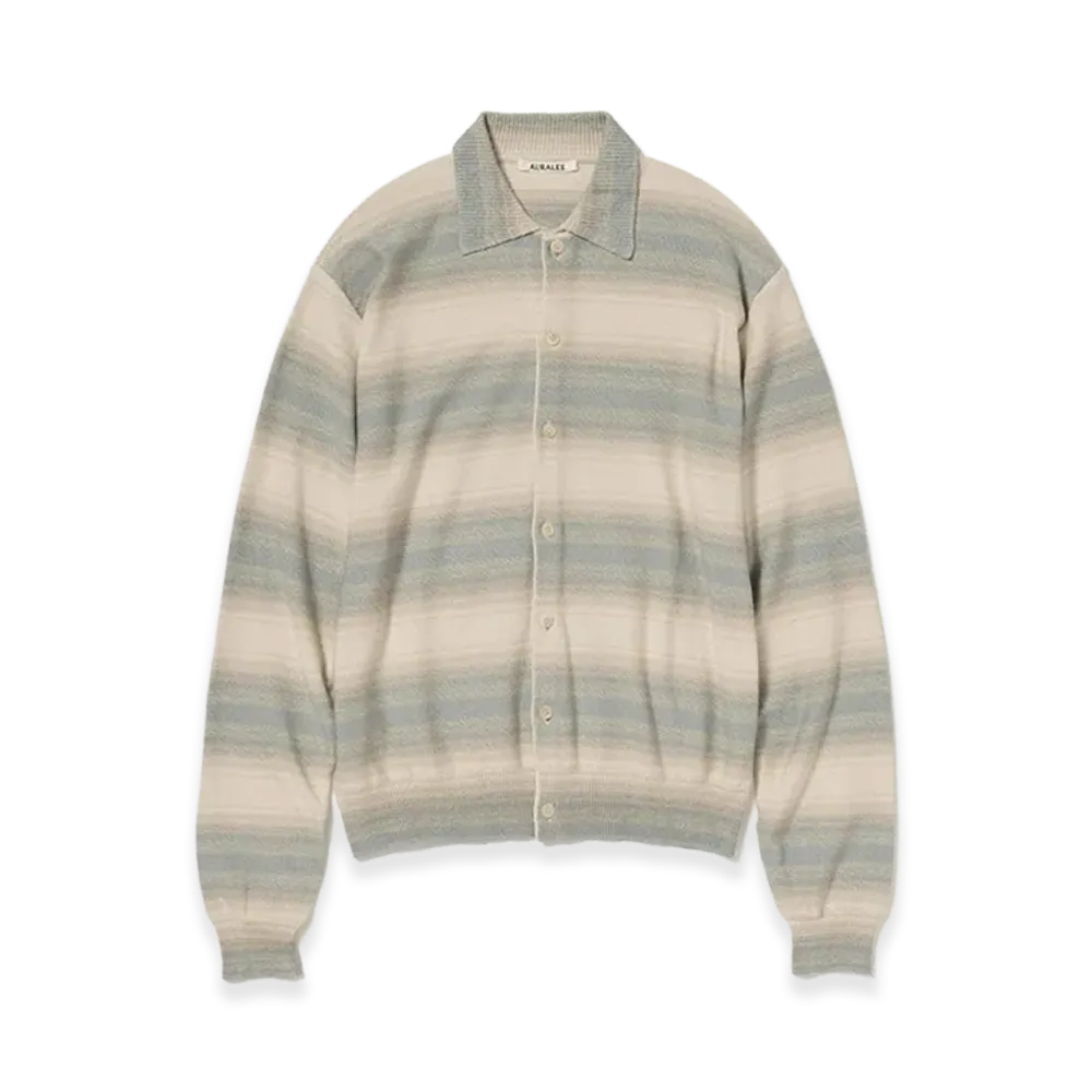 AURALEE Cotton Silk Gradient Stripe Knit Shirt Cardigan "Blue Beige Stripe"