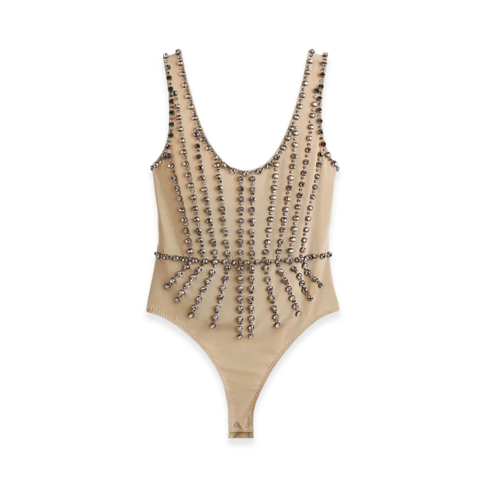 H&M x Stella McCartney Women's Crystal Embellished Mesh Bodysuit "Beige"