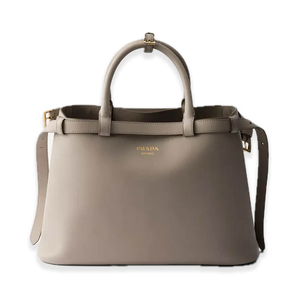 PRADA Buckle Medium Soft Grain Leather Handbag with Double Belt "Light Gray"