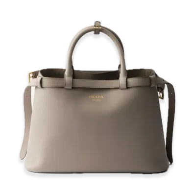 PRADA Buckle Medium Soft Grain Leather Handbag with Double Belt "Light Gray"