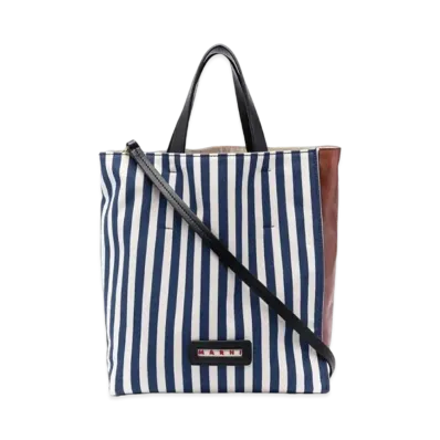 Marni Blue Striped Canvas And Brown Calf MUSEO Soft Bag "Ocean/Sienna Earth"