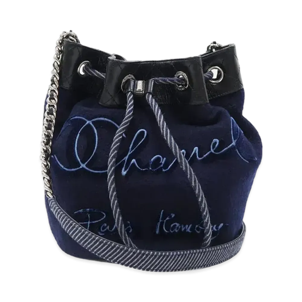 CHANEL Embroidery Drawstring Bag "Navy"