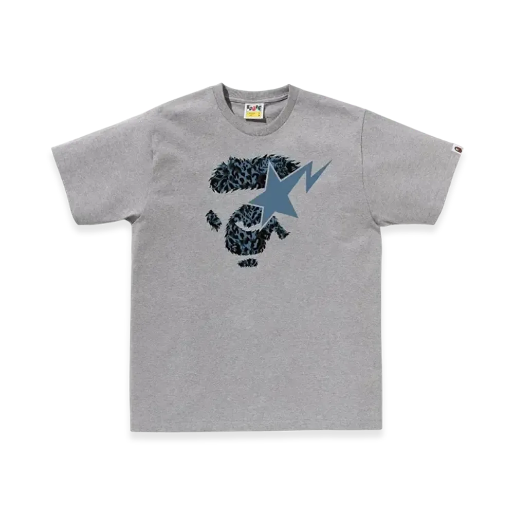 A BATHING APE Wild Leopard Pattern Ape Face Sta Tee "Grey"