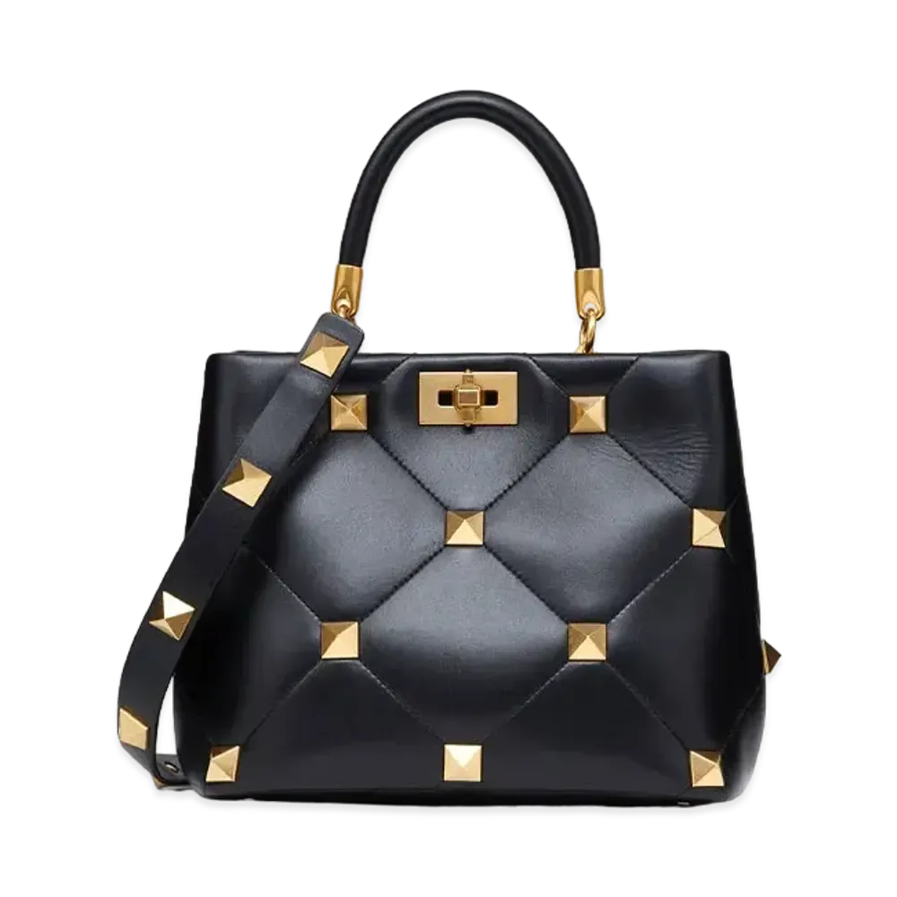 Valentino Roman Stud The Handle Bag In Nappa "Black"
