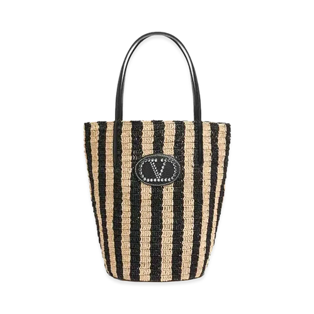 Valentino Women's Striped Raffia Shopping Bag "Black"