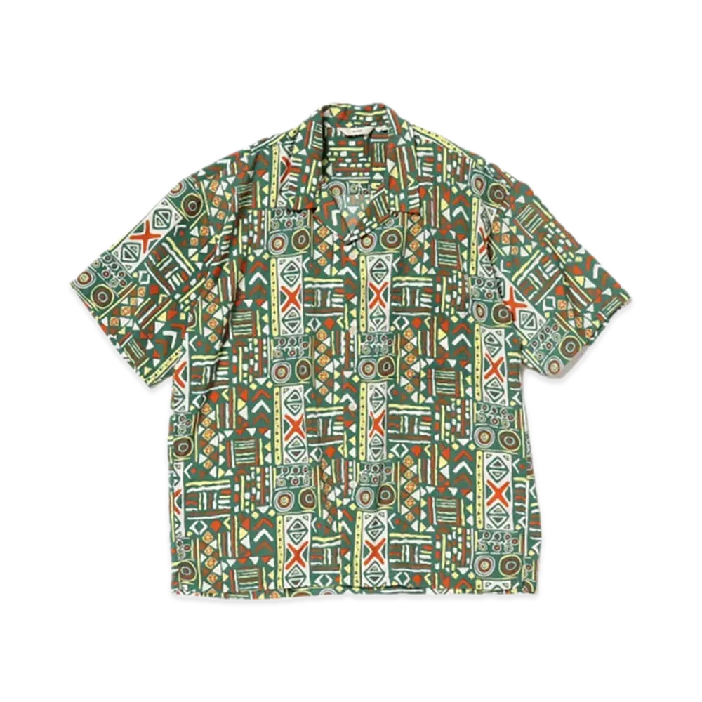 BEAMS Geometric Print Open Collar Shirt "Green"