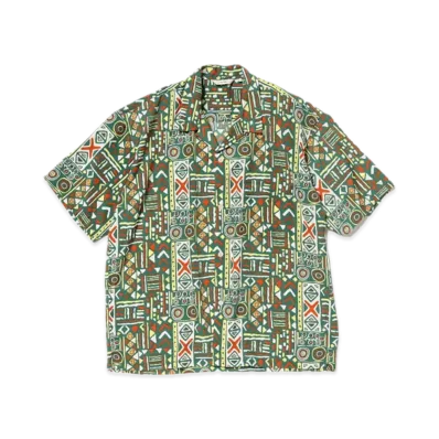 BEAMS Geometric Print Open Collar Shirt "Green"