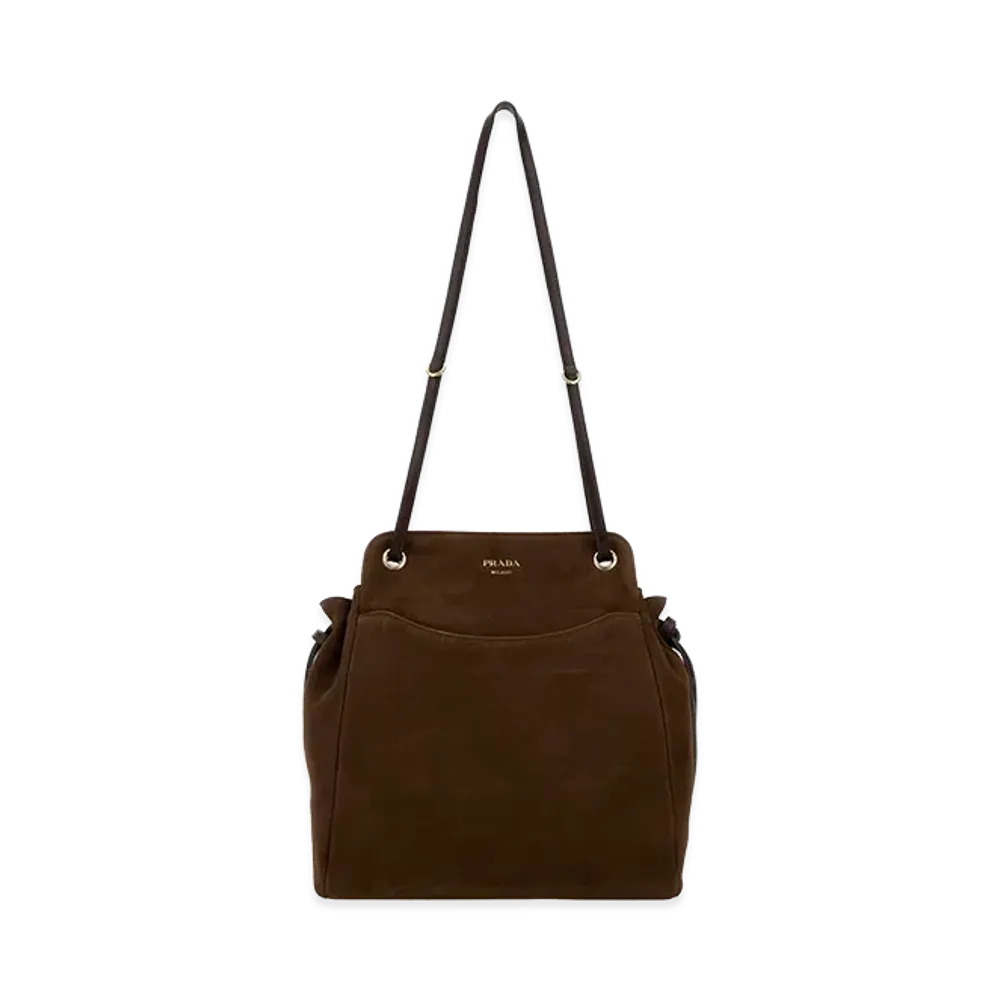 PRADA Women's Brow Suede Medium Carry Bucket Bag "Brown"