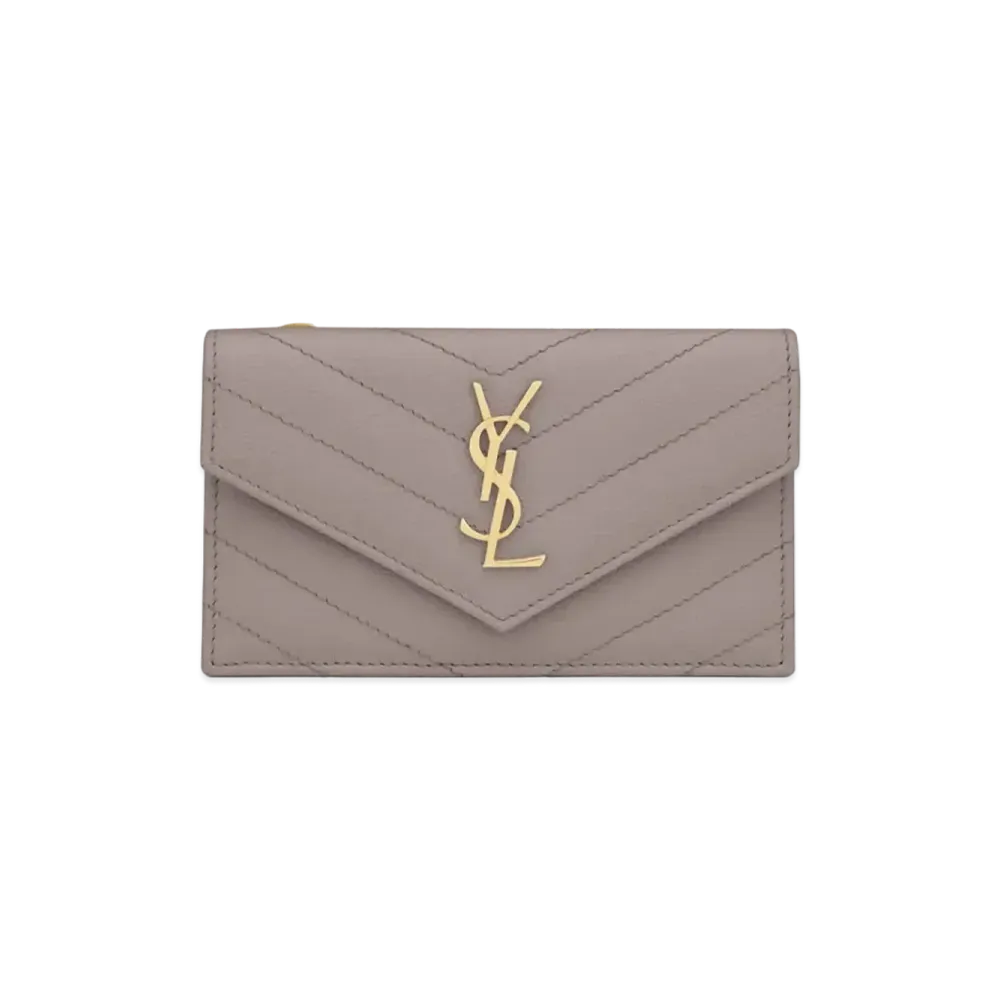 SAINT LAURENT Monogram Fragments Flap Card Case In Grain De Poudre Embossed Leather "Fog"