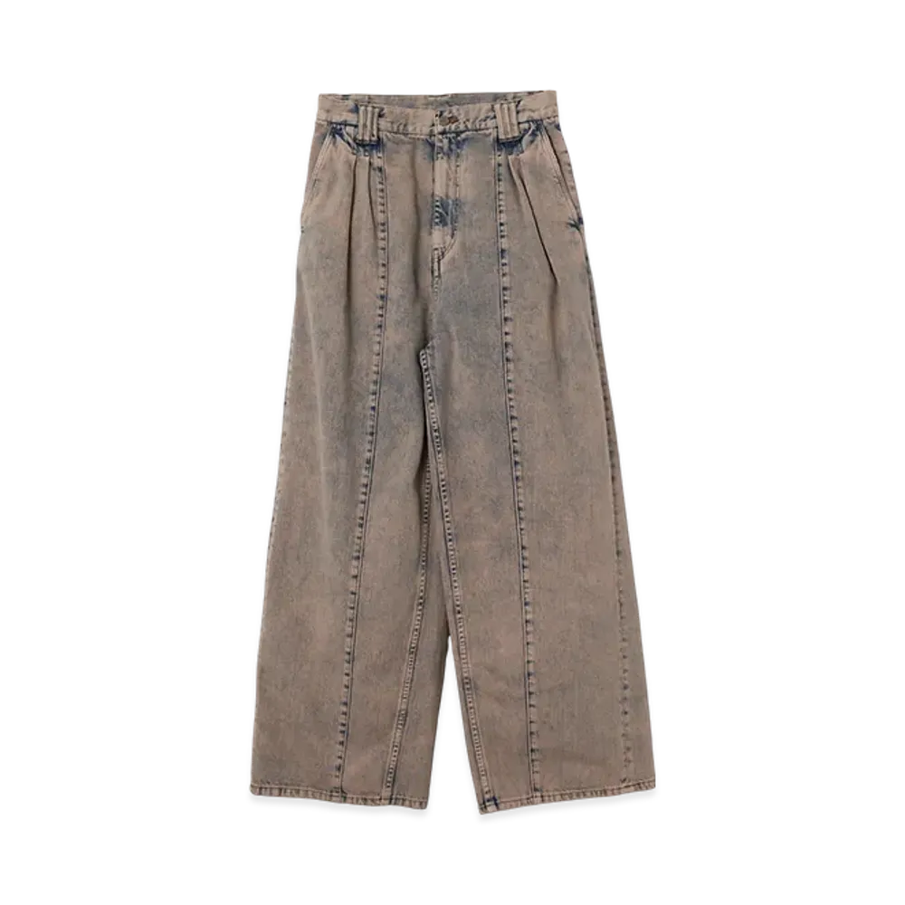 YOKE 12OZ Cotton Bleached & Over Dye Denim Wide-Leg Baggy Pants "Pink"