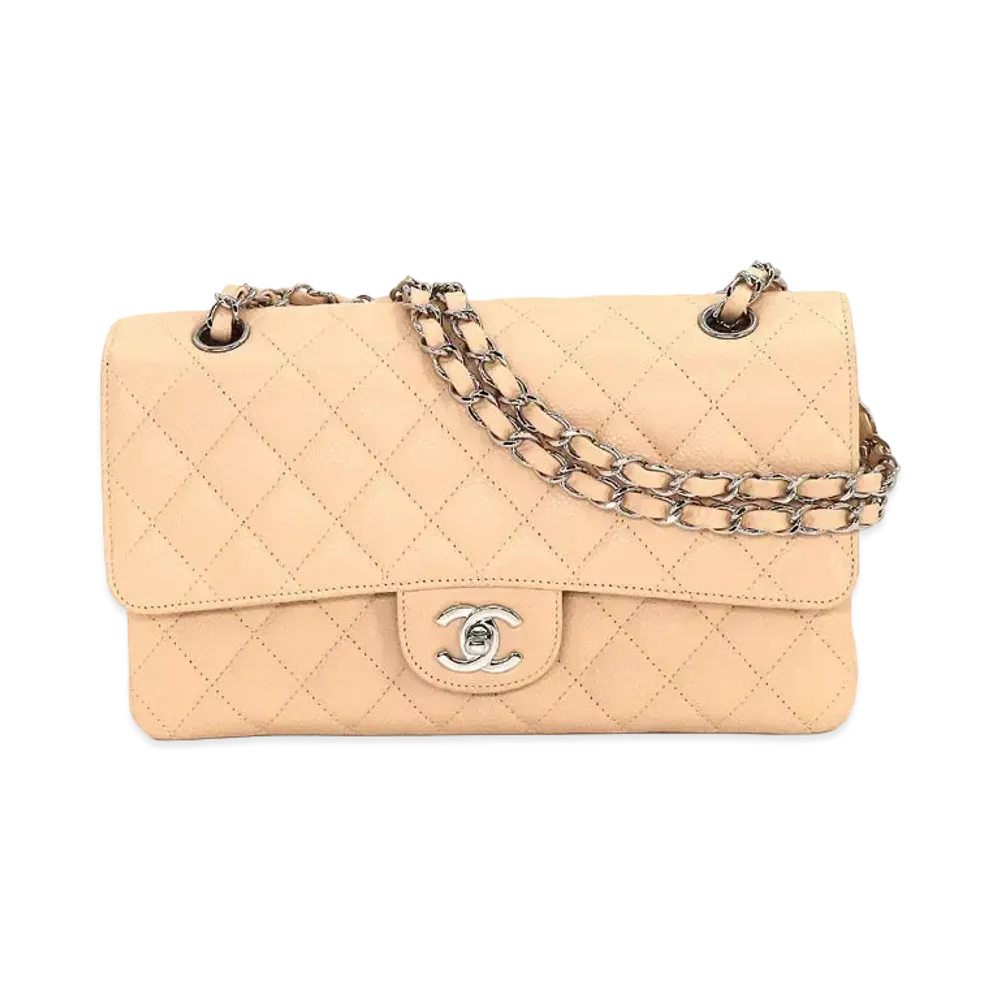 CHANEL Matelasse Classic Double Flap Caviarskin "Light Beige/Silver"