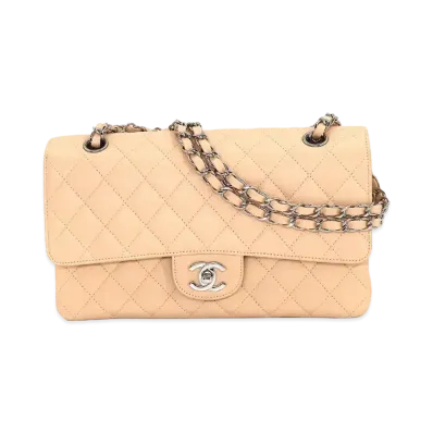 CHANEL Matelasse Classic Double Flap Caviarskin "Light Beige/Silver"
