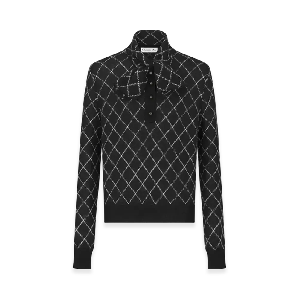Dior Women's Check'N' Dior Mohair and Alpaca Blend Knit Tied Collar Sweater "Black"