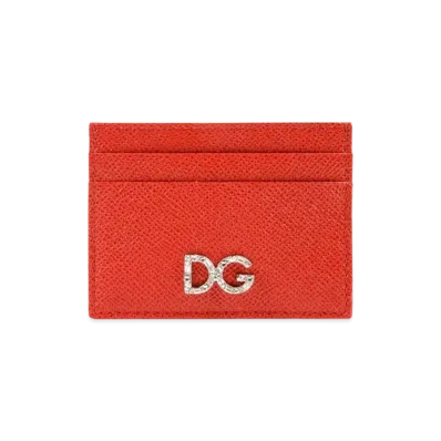 Dolce&Gabbana Credit Card Holder Dauphine Calfskin DG Rhinestone "Red"