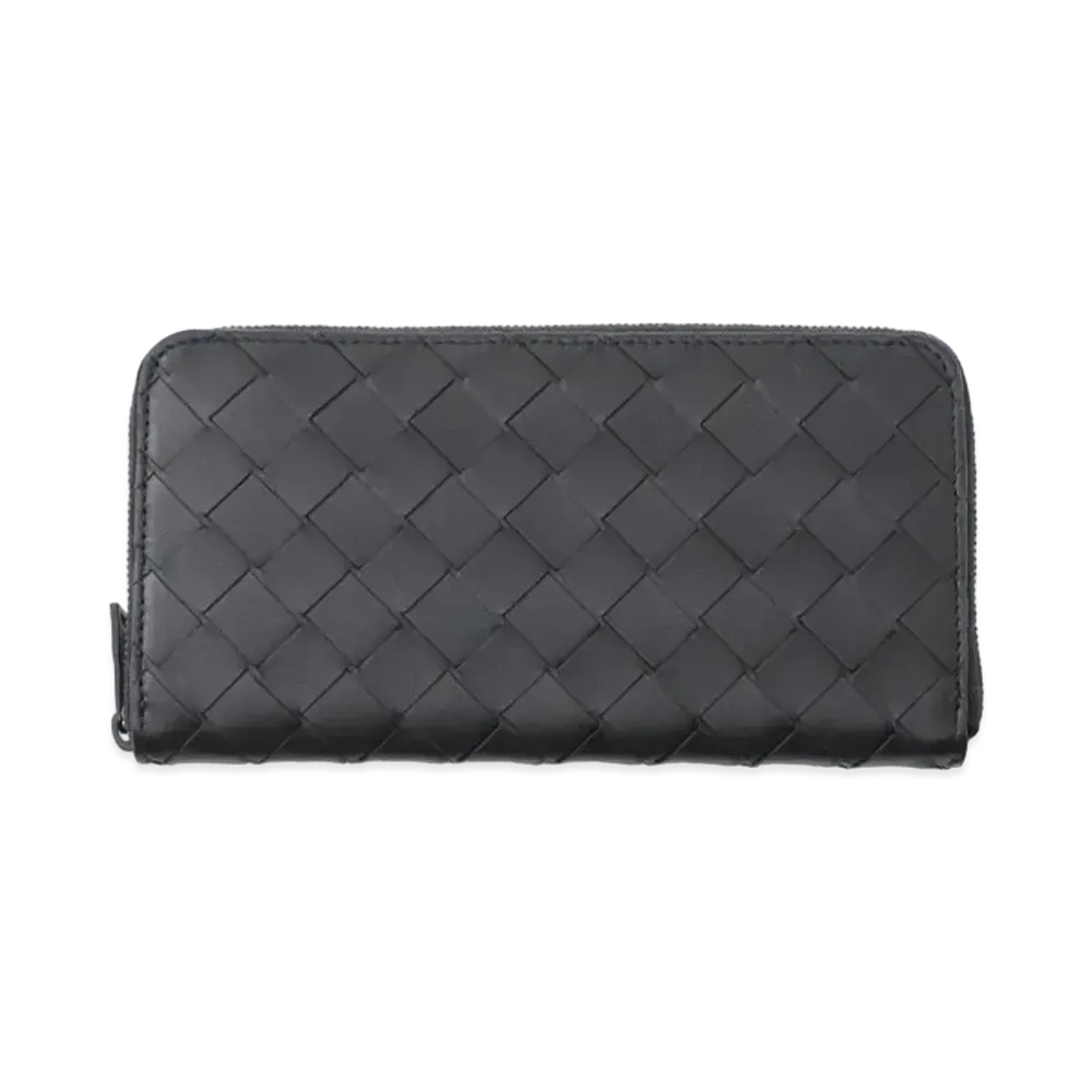 Bottega Veneta Intrecciato Calfskin Zip Around Wallet "Black/Light Graphite"