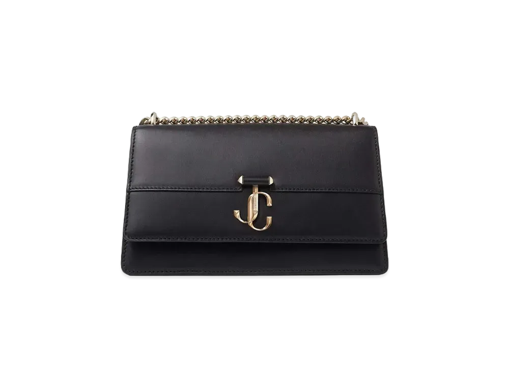 JIMMY CHOO VARENNE SHOULDER Light Gold JC Logo With Fine Shiny Curf Leather Shoulder Bag "Black"