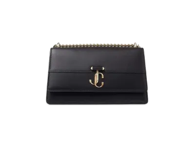 JIMMY CHOO VARENNE SHOULDER Light Gold JC Logo With Fine Shiny Curf Leather Shoulder Bag "Black"