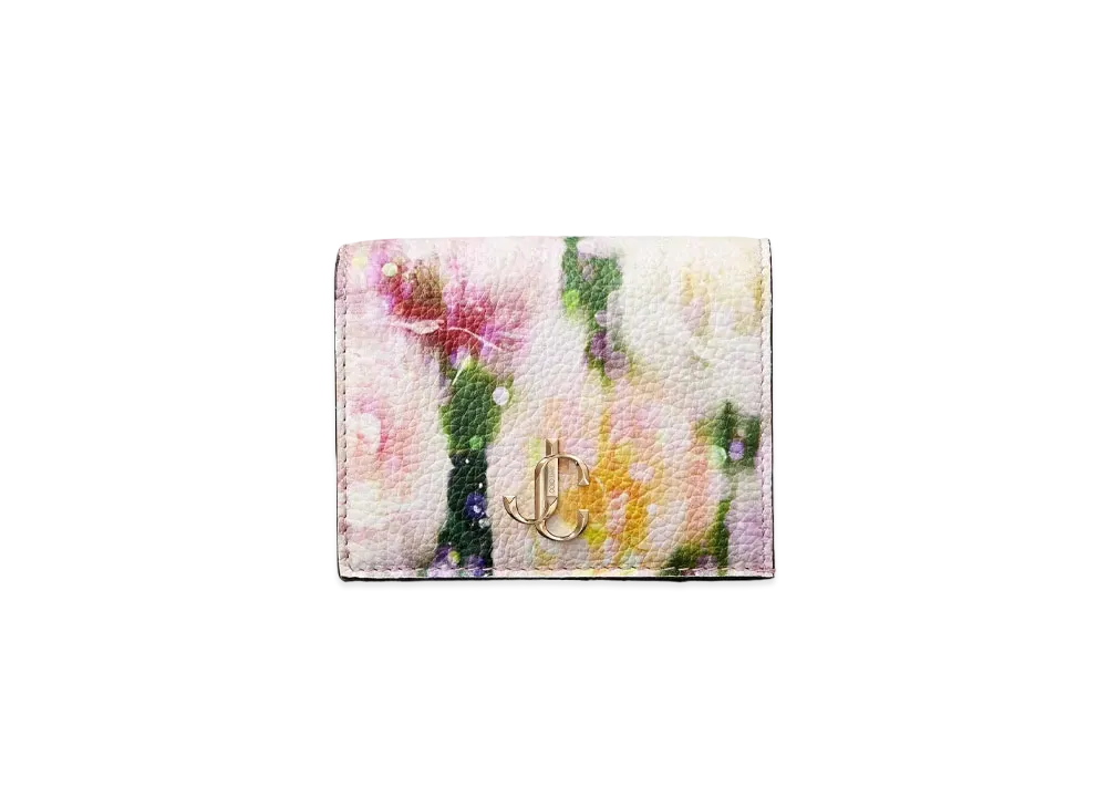 JIMMY CHOO HANNE Seasonal Mi Printed Soft Grainy Curf Leather Wallet With JC Logo "Blossom"