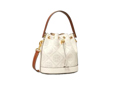 Tory Burch T Monogram Perforated Leather Bucket Bag "New Ivory"