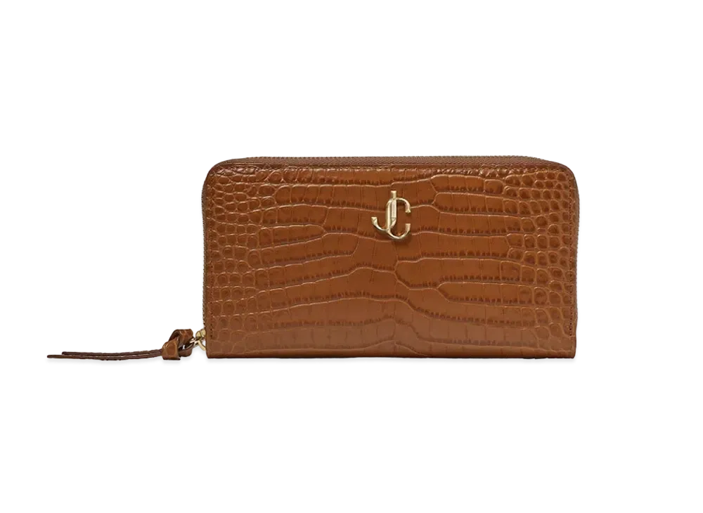Jimmy Choo Pippa Croco Embossed Leather Wallet With JC Logo "Light Gold/Dark Tan"